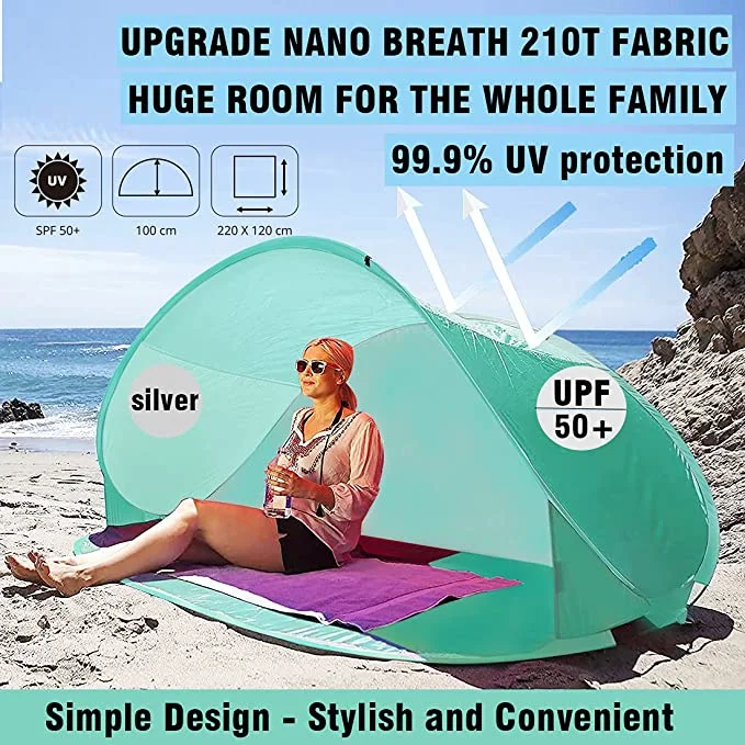 Pop up Beach Tent, Instant Automatic Beach Shade Sun Shelter for 3-4 Person, Upf 50+ Protection, Portable Beach Shelter with Carrying Bag, 8 Steel Stakes, 4 Guy