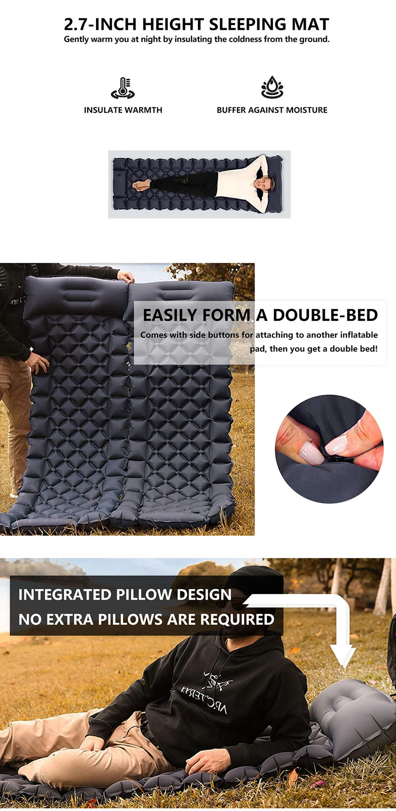 Ultralight Inflatable Sleeping Pad with Pillow Attached, Foot Press Pump Backpacking Hiking Inflatable Sleeping Pad for Cmping